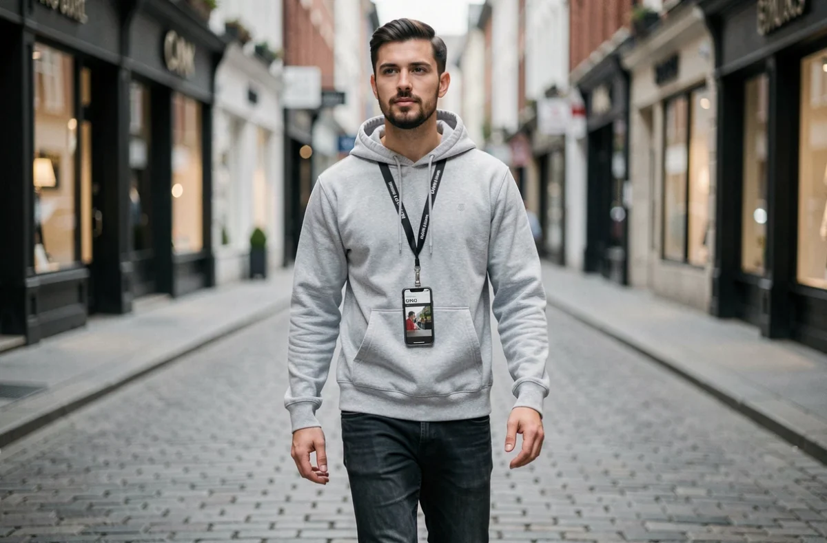 Homme marchant en ville avec un cordon tour de cou pour téléphone portable, mains libres