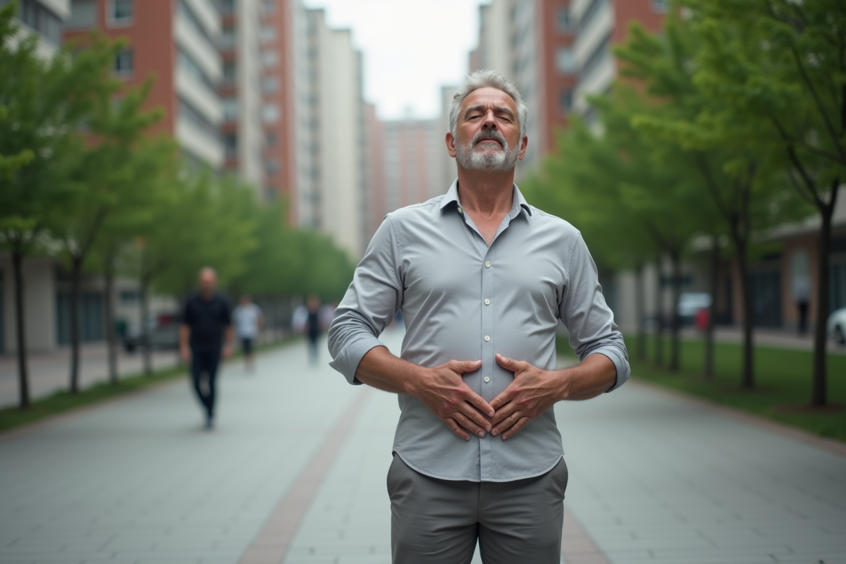 Homme mature pratique une respiration profonde en ville