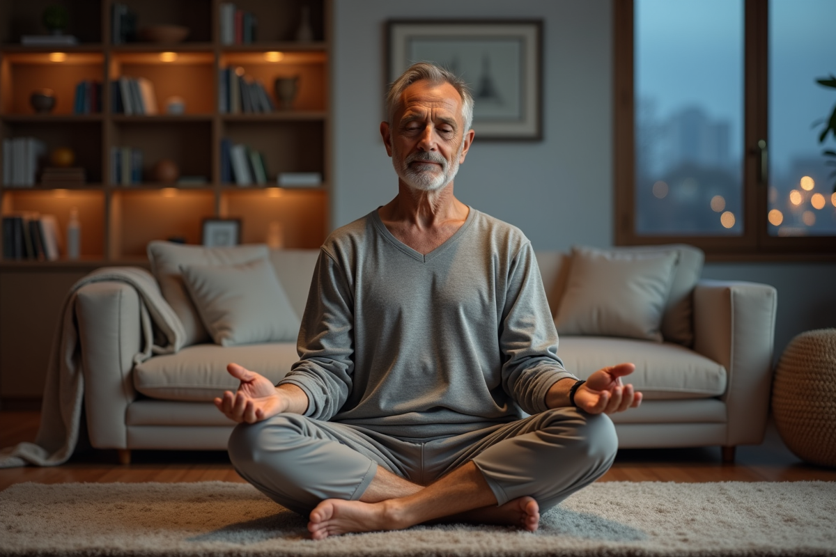 Homme méditant en pleine respiration dans un salon calme