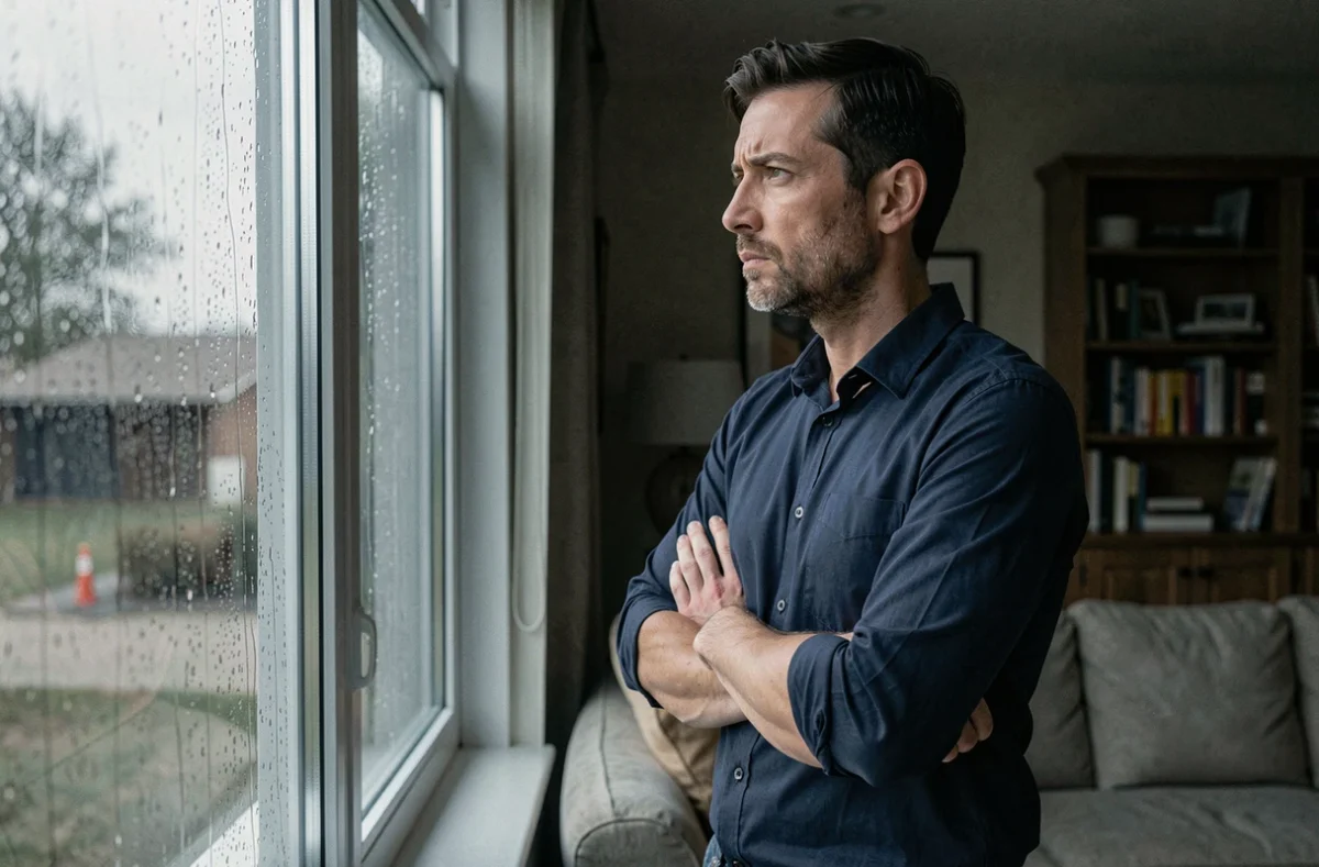 Homme pensif regardant par la fenêtre sous la pluie, symbolisant la confusion émotionnelle face au silence d'un narcissique