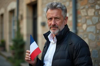 Homme français avec drapeau tricolore devant une vieille pierre