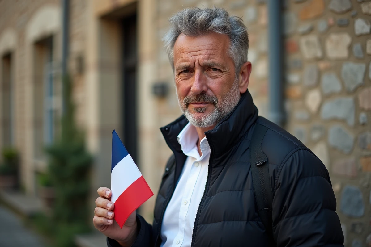 Homme français avec drapeau tricolore devant une vieille pierre