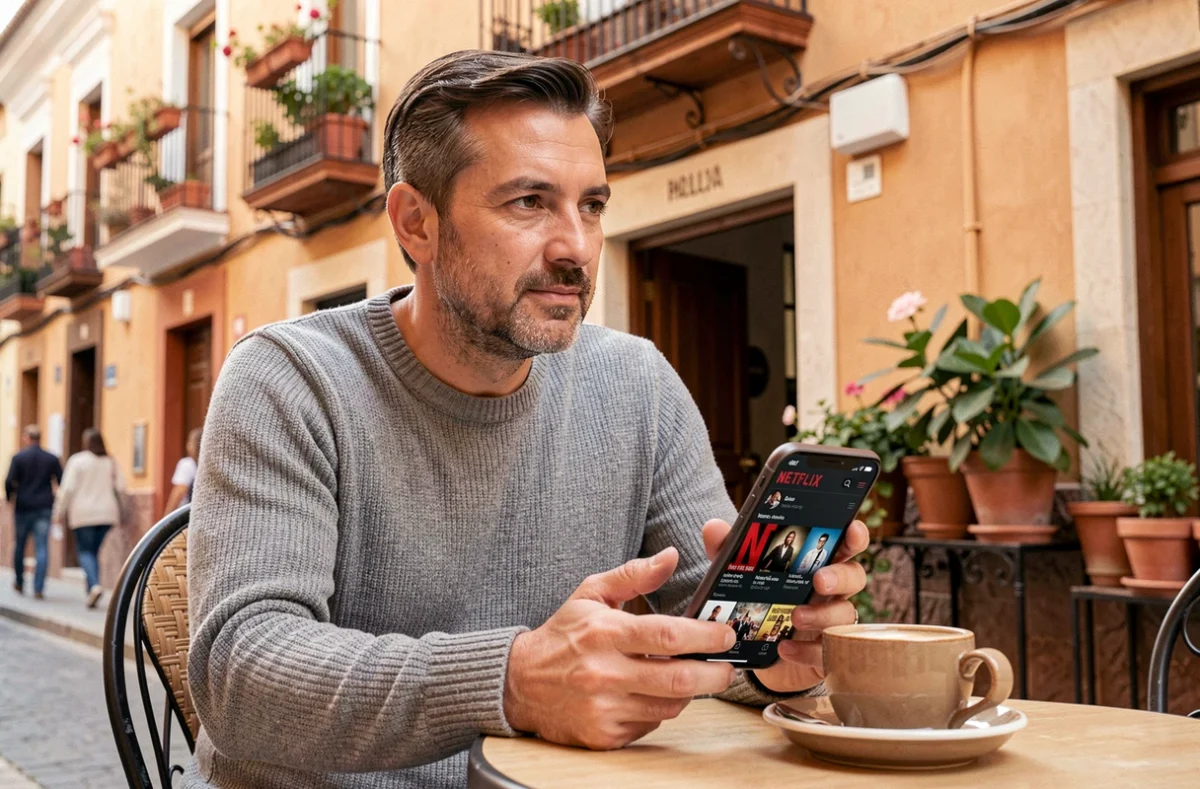 Homme consultant un guide de séries espagnoles Netflix sur smartphone en terrasse de café à Séville