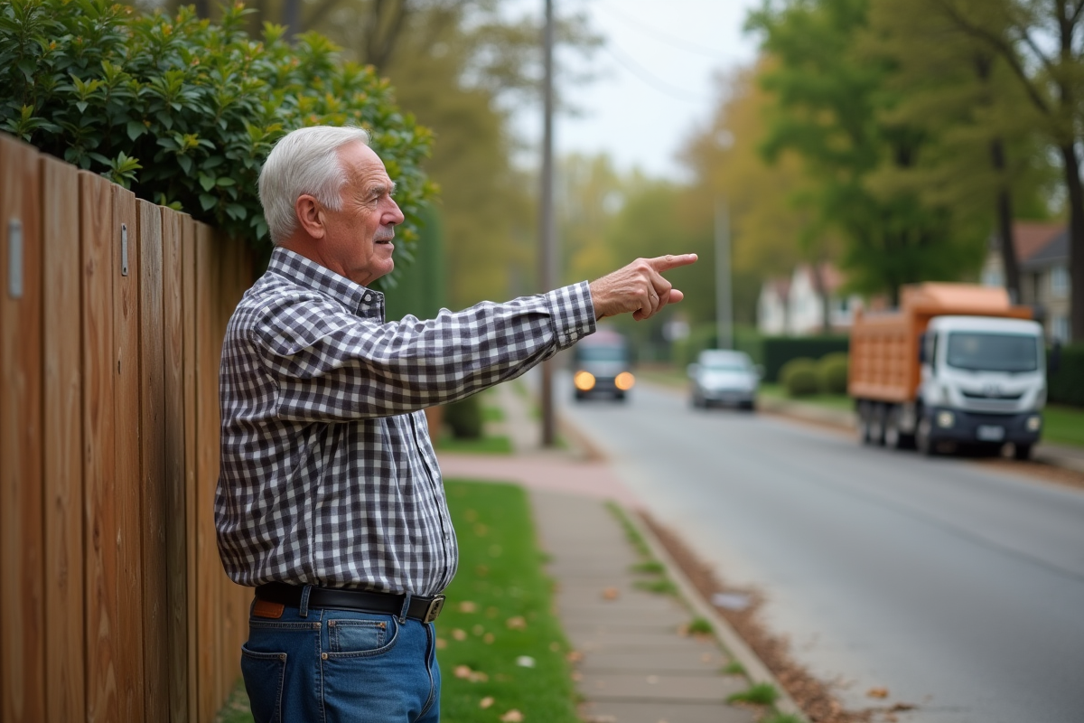 Homme âgé dans un jardin résidentiel avec véhicules de chantier