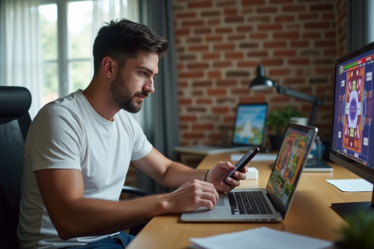 Homme consultant des dés gratuits Monopoly GO sur son smartphone dans un bureau à domicile