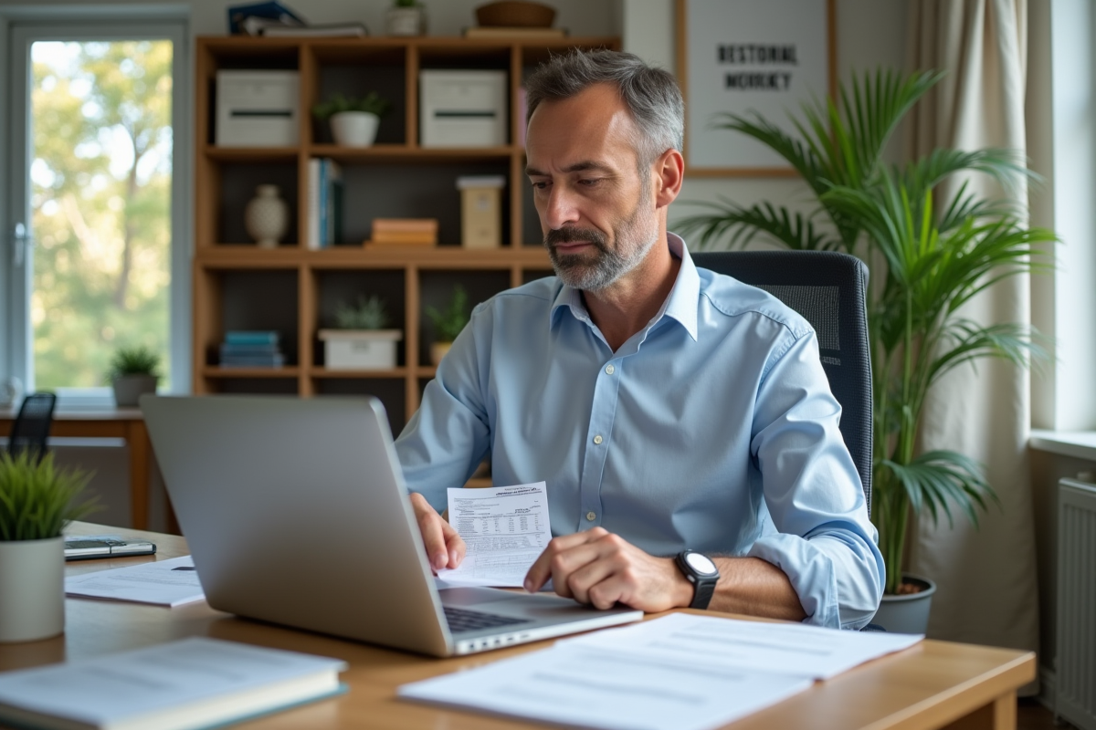 Homme organisant ses dépenses dans un bureau lumineux