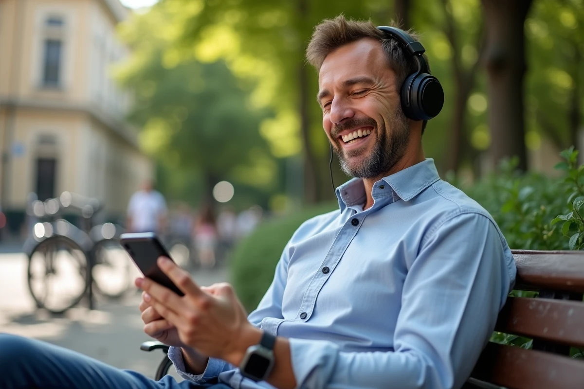 Homme détendu écoutant un podcast sur un banc de parc