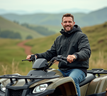 Homme en veste moderne et quad dans la nature