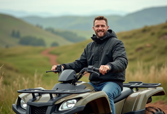 Homme en veste moderne et quad dans la nature