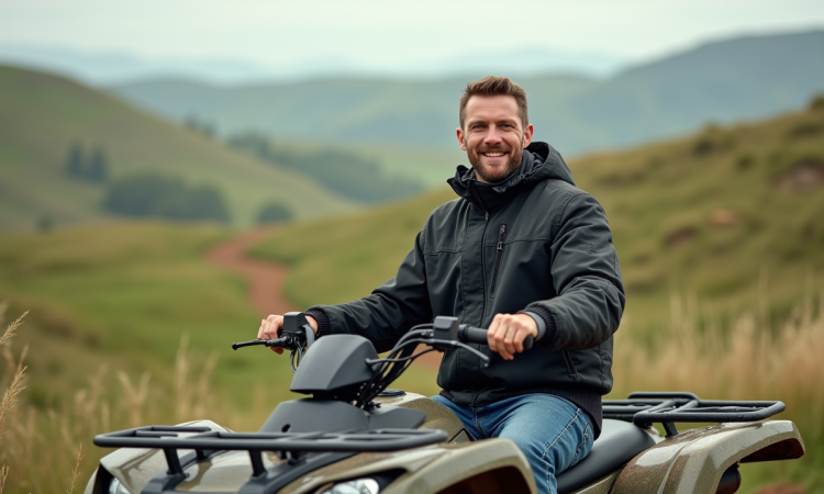Homme en veste moderne et quad dans la nature