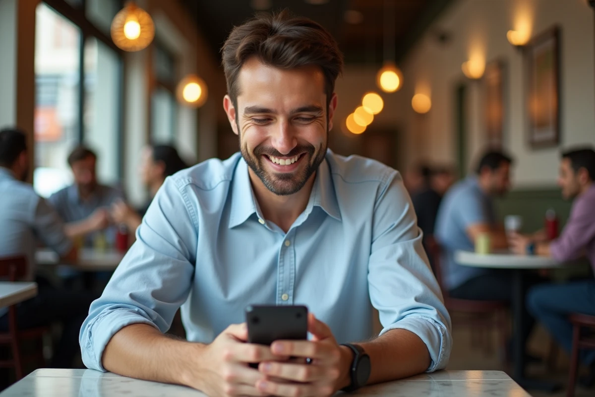 Homme souriant consultant un quiz populaire sur son smartphone dans un café urbain