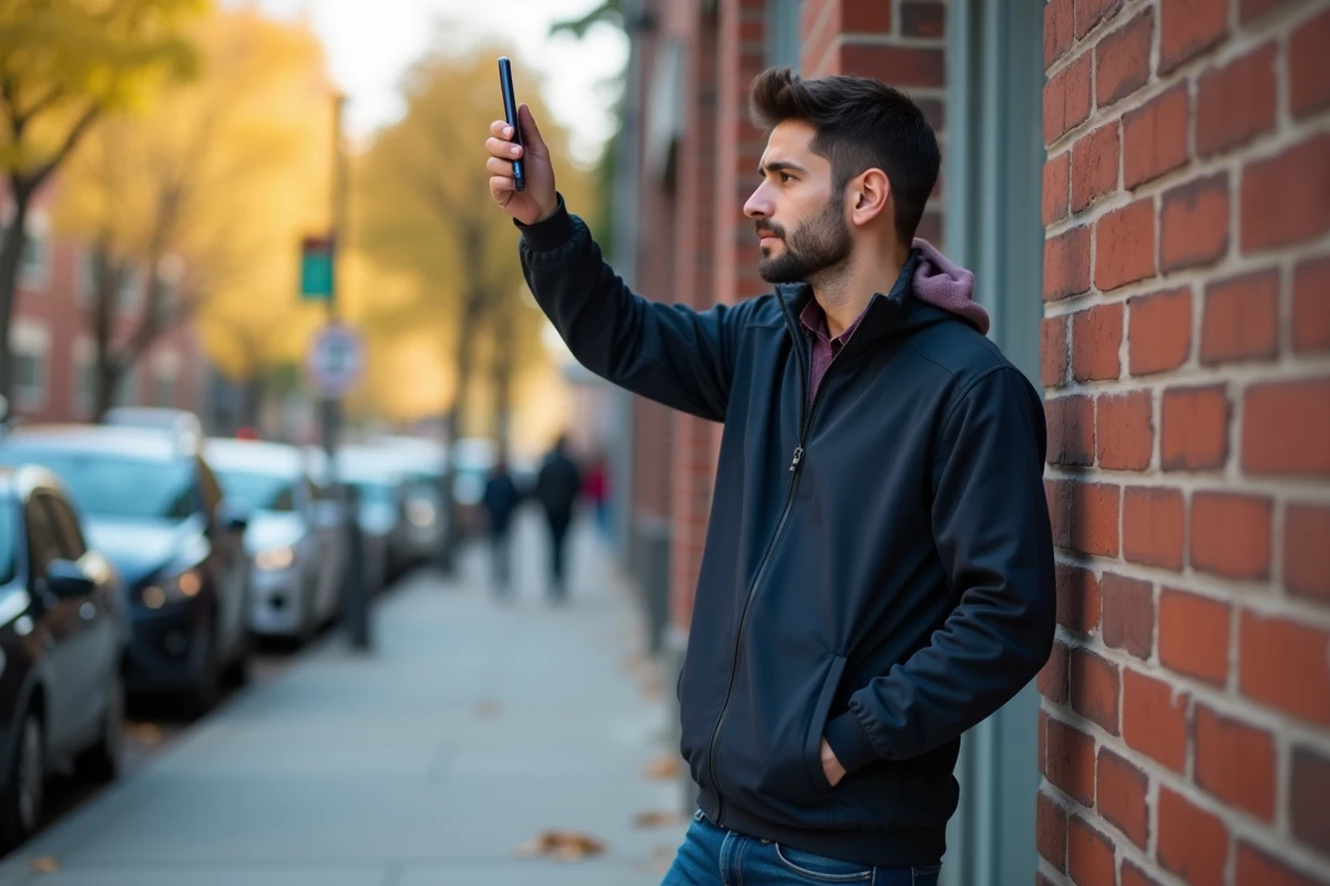 Homme debout dans la rue consultant son smartphone après avoir tenté de contacter un ami qui l'a peut-être bloqué