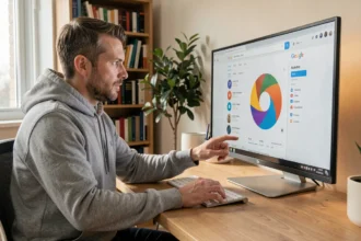 Homme utilisant la toupie Google sur un ordinateur de bureau dans un bureau à domicile moderne