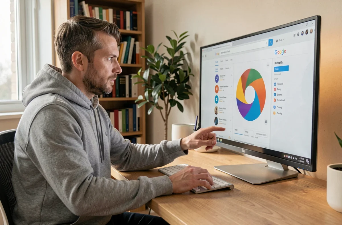 Homme utilisant la toupie Google sur un ordinateur de bureau dans un bureau à domicile moderne