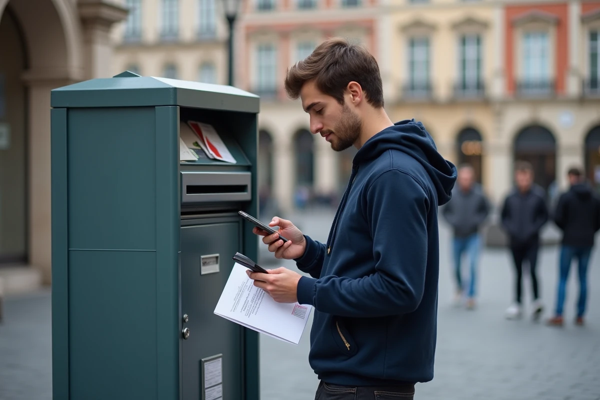 Jeune homme utilisant smartphone devant un kiosque postal en ville