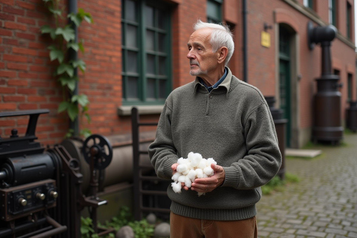 Homme âgé tient des fibres de coton devant un vieux moulin textile