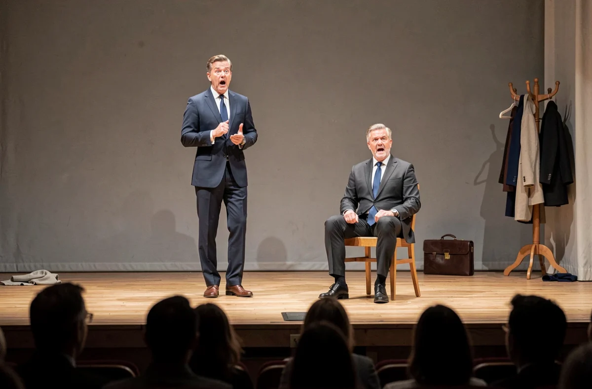 Deux acteurs en costume sur scène dans une pièce de théâtre comique, expression de surprise, décor minimaliste