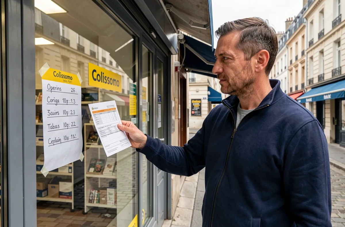 Homme consultant les horaires d'ouverture d'un point relais Colissimo depuis l'extérieur du magasin