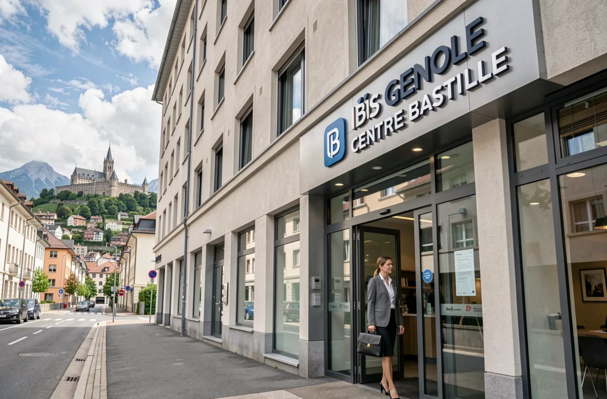 Façade de l'hôtel Ibis Grenoble Centre Bastille avec vue sur la colline de la Bastille, Grenoble