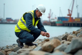 Ingénieur civil inspectant des roches sur la côte