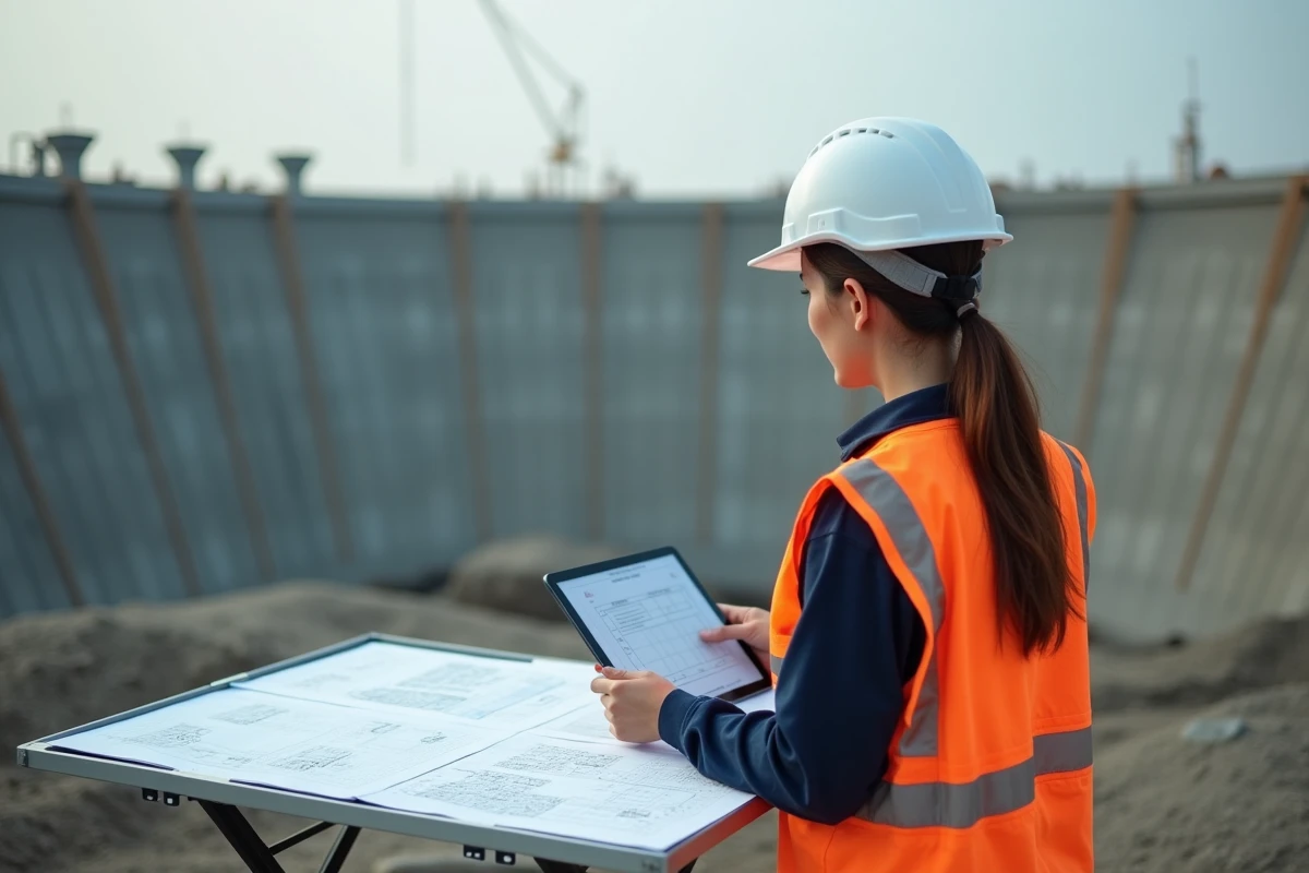Ingénieure sur chantier utilisant un tableau de conversion de volumes avec tablette numérique et fiches techniques imprimées