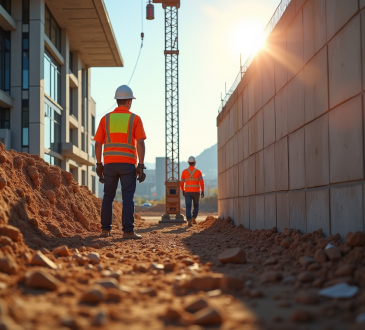 Ingénieurs civils inspectant la fondation d un bâtiment moderne avec radar au sol