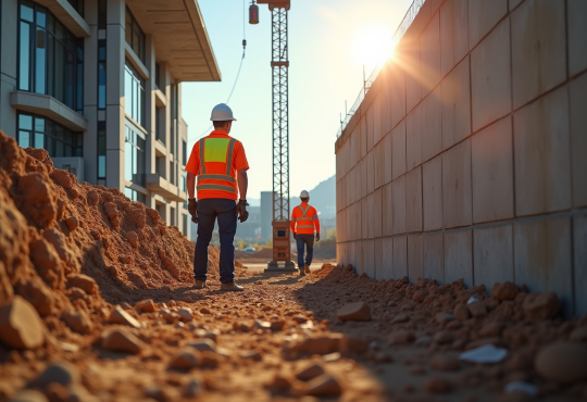 Ingénieurs civils inspectant la fondation d un bâtiment moderne avec radar au sol
