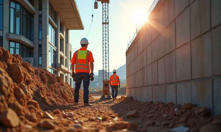 Ingénieurs civils inspectant la fondation d un bâtiment moderne avec radar au sol