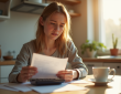 Jeune adulte avec fiche de paie et calculatrice le matin