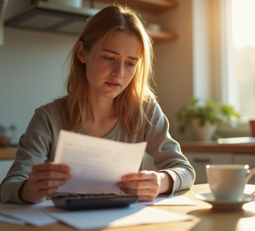 Jeune adulte avec fiche de paie et calculatrice le matin