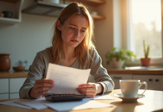 Jeune adulte avec fiche de paie et calculatrice le matin