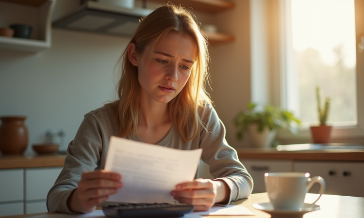 Jeune adulte avec fiche de paie et calculatrice le matin