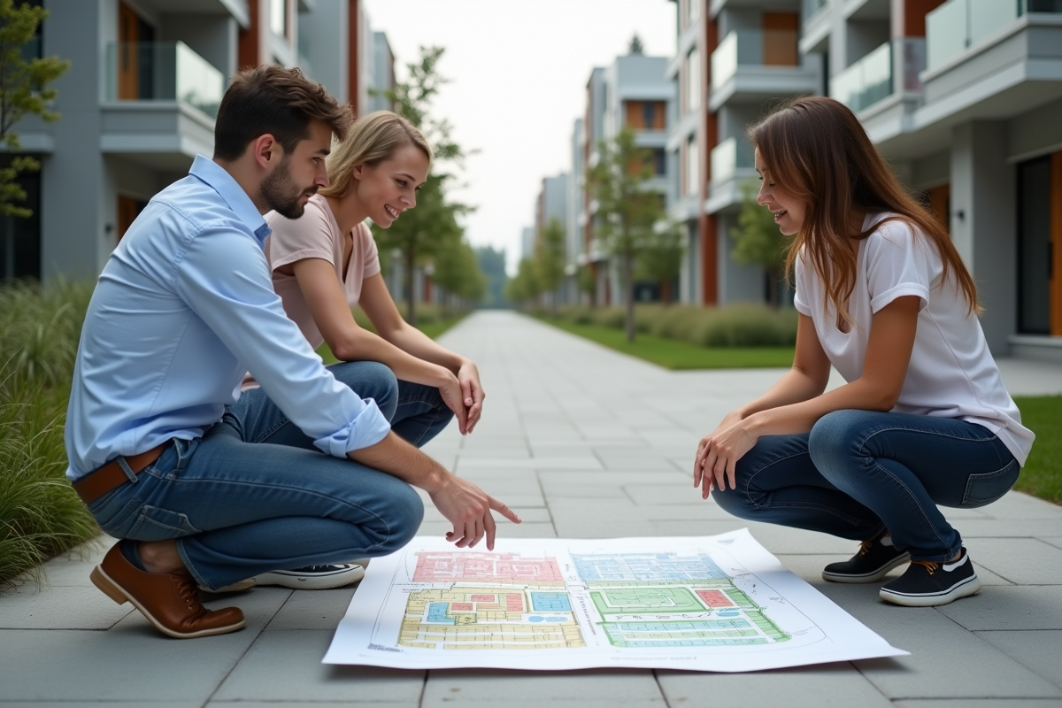 Jeune architecte montrant zonage à un couple dans le quartier