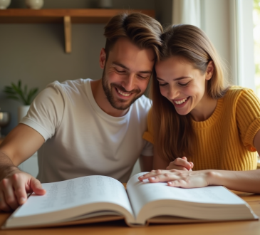 Jeune couple regardant un livre de prénoms pour bébé à la cuisine