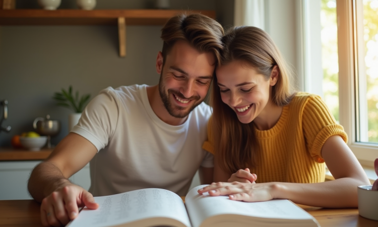 Jeune couple regardant un livre de prénoms pour bébé à la cuisine
