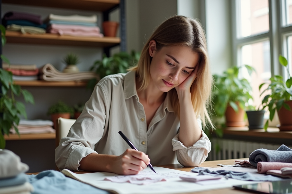 Jeune femme créant des designs de mode dans son atelier