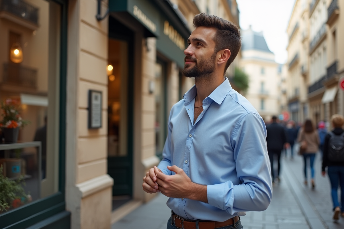 Jeune entrepreneur regardant la vitrine d