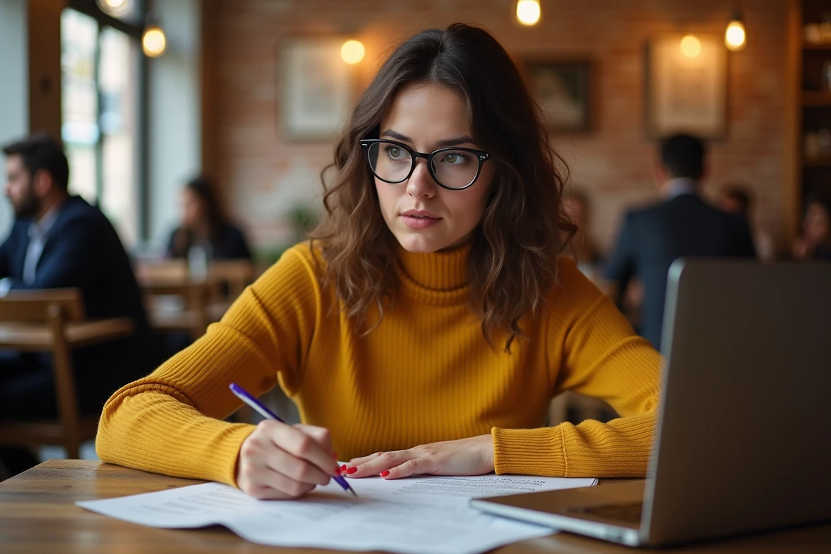 Jeune femme découvrant une erreur de sens sur le verbe s'amenuiser dans un article imprimé au café