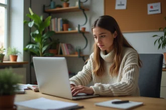 Jeune femme au bureau regardant son ordinateur portable