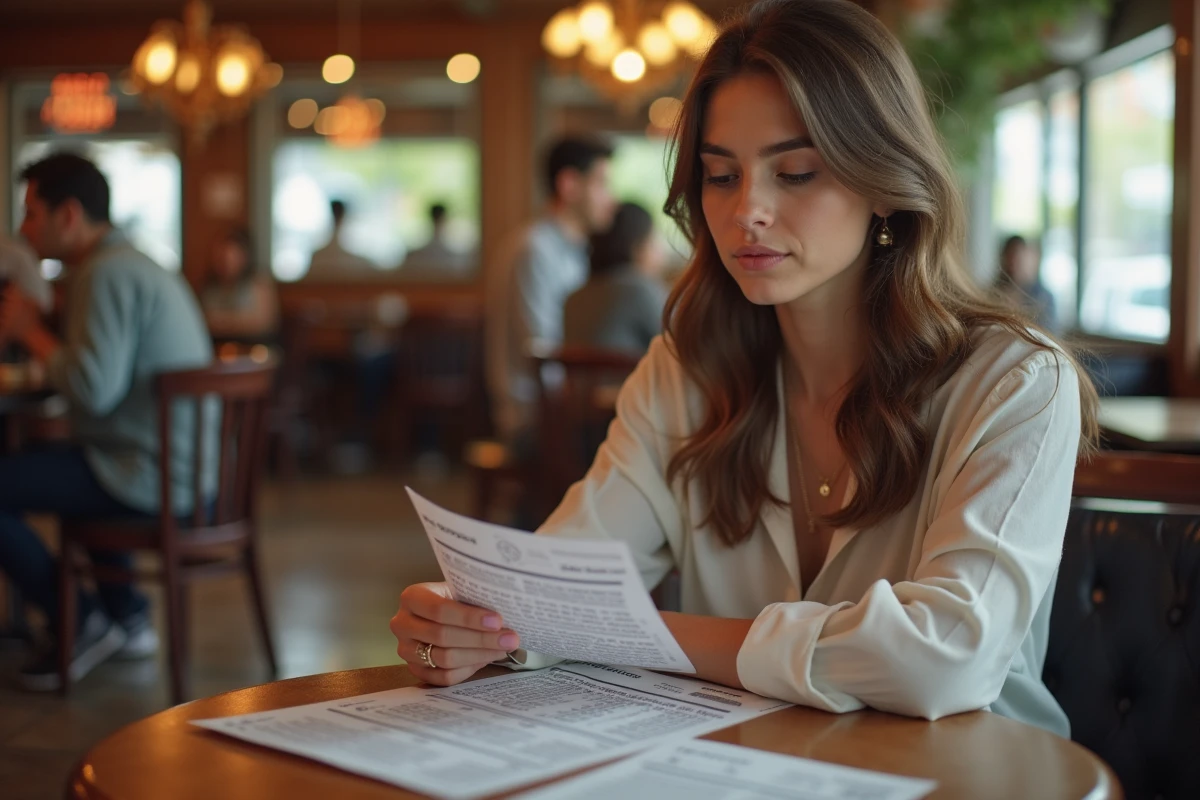 Jeune femme examinant un ticket de keno dans un café