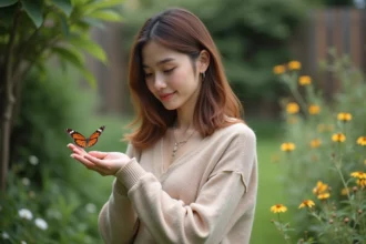 Jeune femme dans un jardin avec papillon sur la main