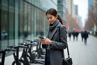 Jeune femme avec smartphone dans la ville moderne