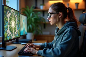 Jeune femme concentrée sur son ordinateur avec map digitale