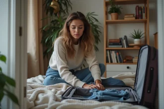 Jeune femme plie des vêtements dans une chambre moderne