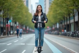 Jeune femme en urban en scooter électrique dans la ville