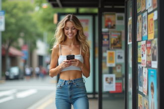 Jeune femme en jeans flare et crop top pastel dans la ville