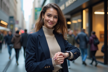 Jeune femme en blazer navy dans une ville animée
