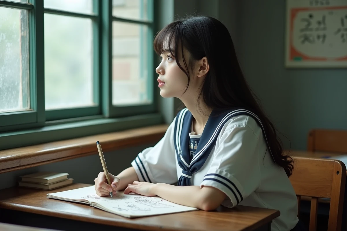 Jeune fille japonaise en uniforme dessinant manga