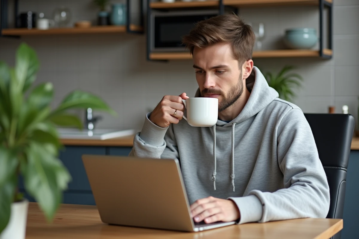 Jeune homme en hoodie gris travaillant sur son ordinateur