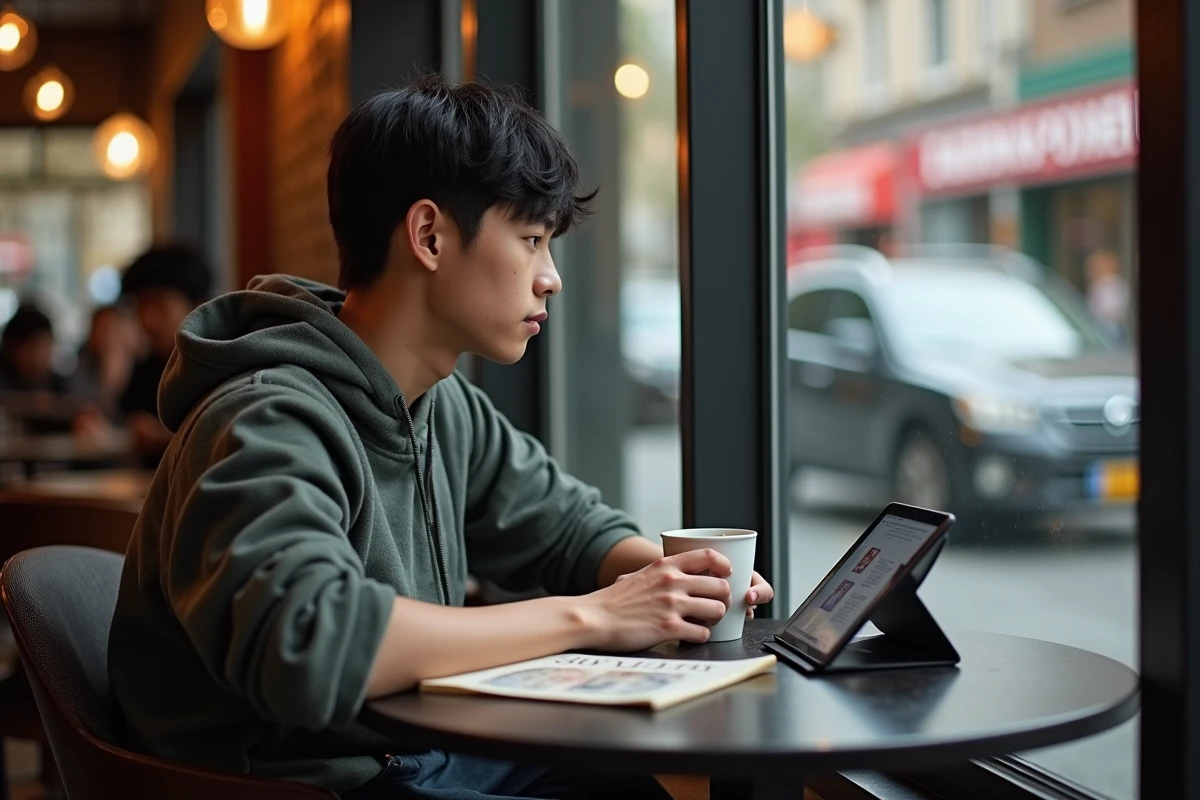 Jeune homme lisant un manhwa sur une tablette au café